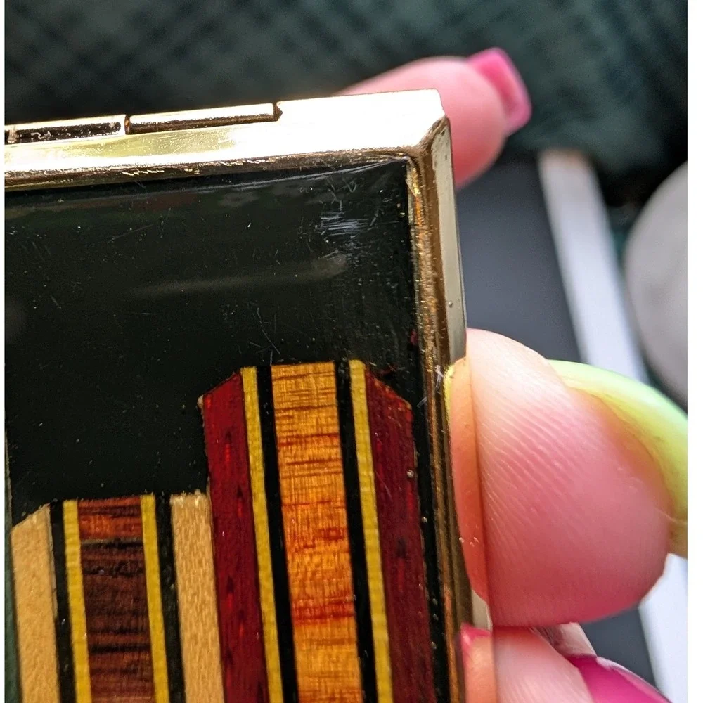 Vintage Gold Tone Cityscape w Moon Marquetry Resin Square Makeup Compact Mirror